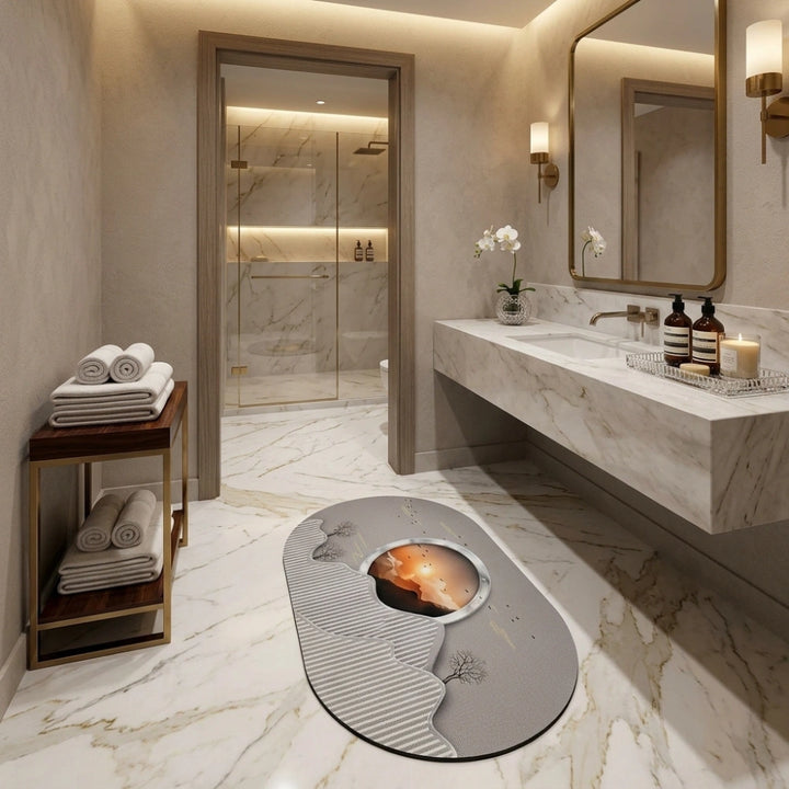 Abstract Sunset Mountain Oval Bath Mat | Soft Quick Dry Anti-Slip Absorbent Floor Rug for Bathroom Entrance & Bedroom