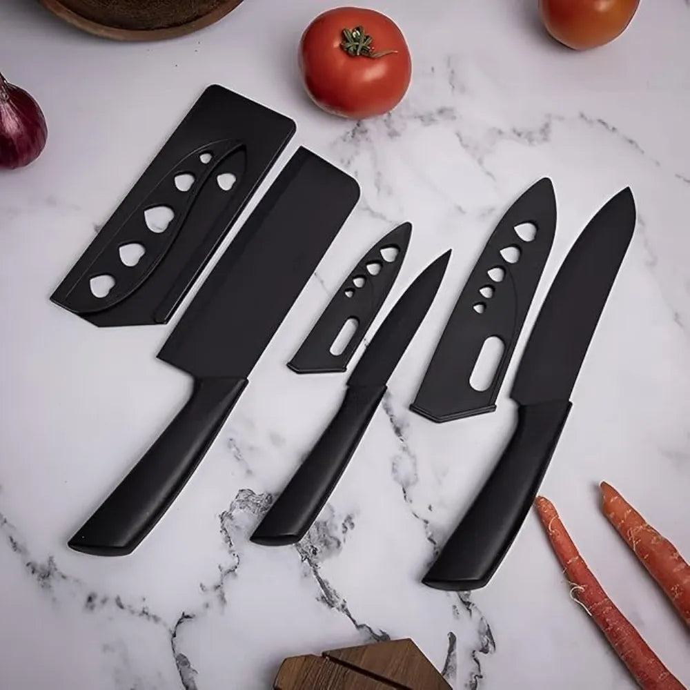3-Piece Black Kitchen Knife Set | Santoku, Cleaver & Paring Knives with Blade Guards | Non-Stick Stainless Steel Kitchen Knife Set