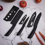 3-Piece Black Kitchen Knife Set | Santoku, Cleaver & Paring Knives with Blade Guards | Non-Stick Stainless Steel Kitchen Knife Set