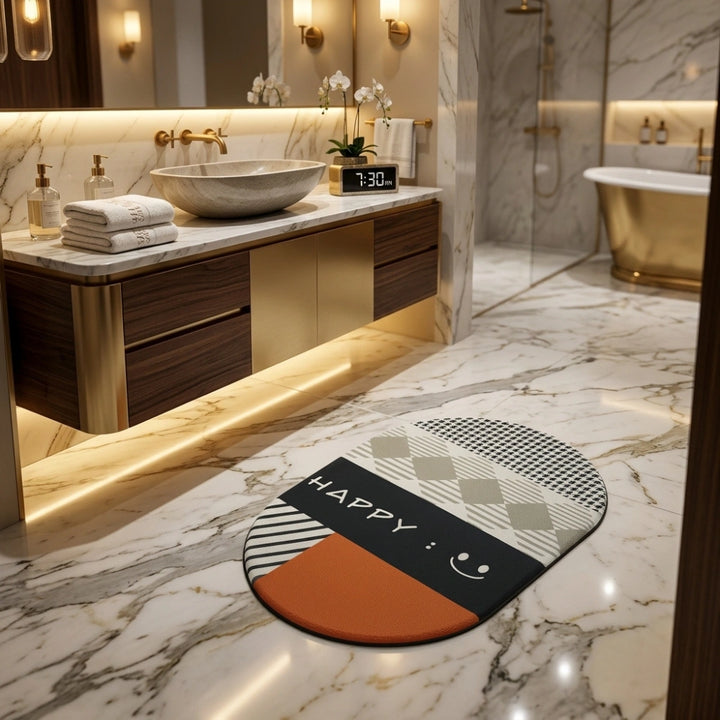 Modern Happy Print Anti-Slip Bathroom Mat | Soft Absorbent Quick Dry Bath Rug | Stylish Washroom Floor Carpet