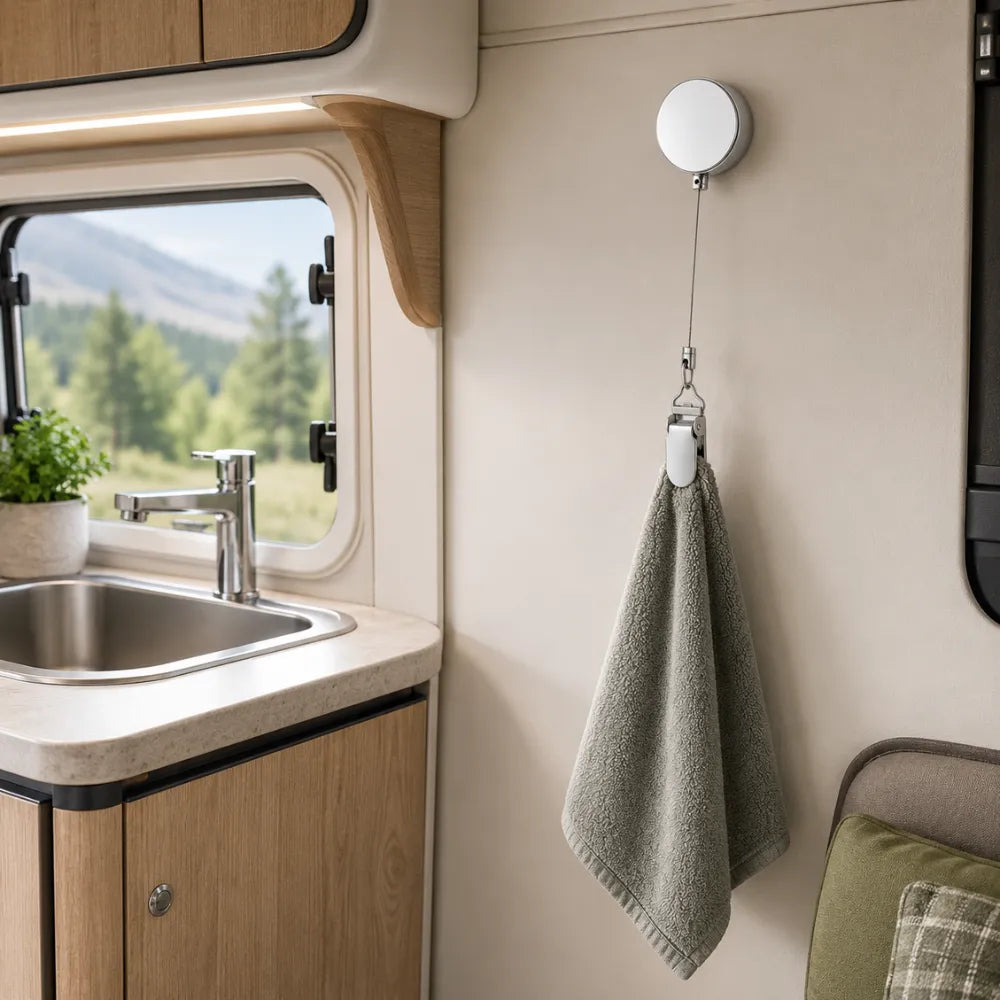 Stainless Steel Retractable Towel Holder Clips | No-Drill Self-Adhesive Wall Mounted Kitchen & Bathroom Towel Hanger Hooks