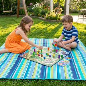 Foldable Beach & Picnic Mat 150×180cm | Waterproof Outdoor Blanket with Carry Handle | Blue Striped Camping & Travel Mat