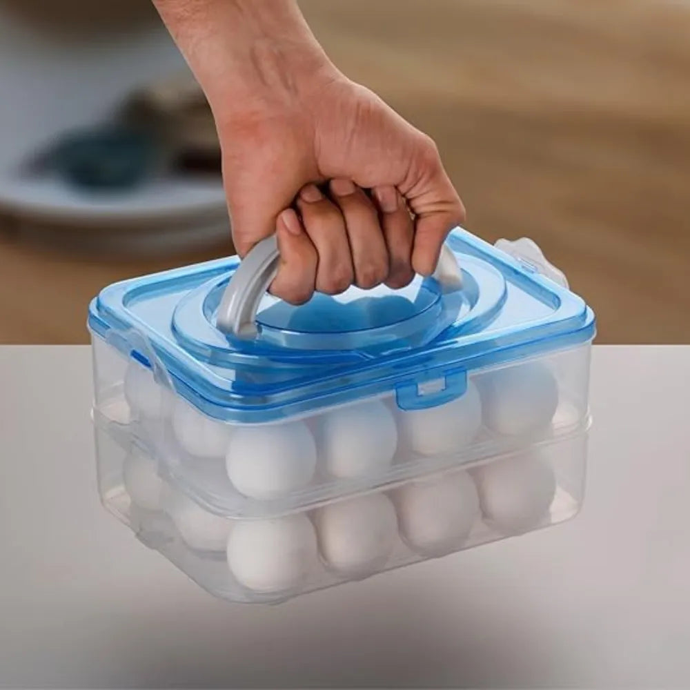 24 Grid Egg Storage Container for Fridge | 2-Layer Plastic Egg Organizer Tray with Handle | Refrigerator Egg Holder & Kitchen Storage Box