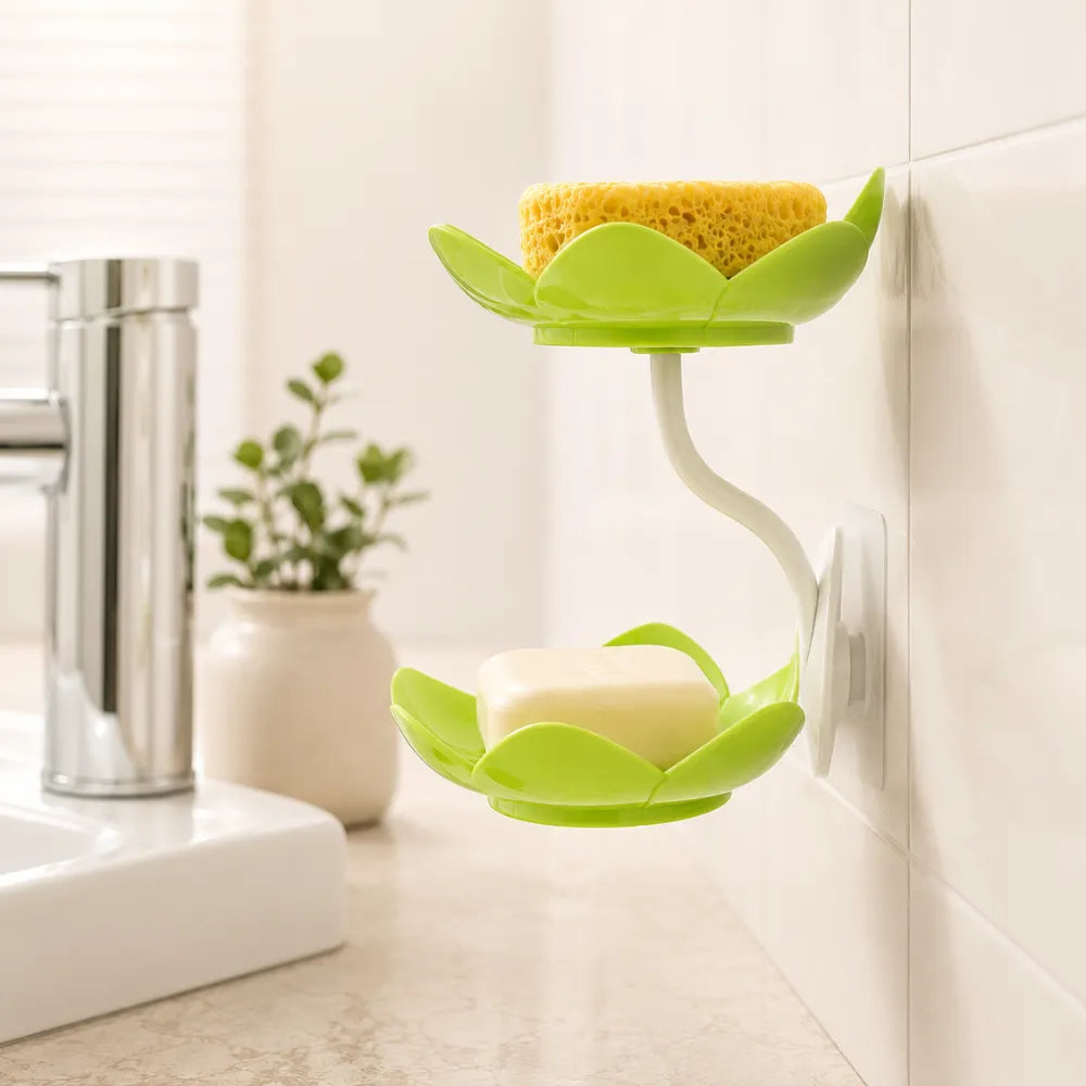 Wall Mounted Double Layer Lotus Flower Soap Holder | Self-Adhesive Drain Soap Box & Sponge Organizer for Bathroom & Kitchen