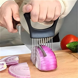 Stainless Steel Onion Holder & Slicer | 10-Prong Vegetable Cutter for Onion, Tomato, Lemon & Fruits | Easy Grip Kitchen Tool