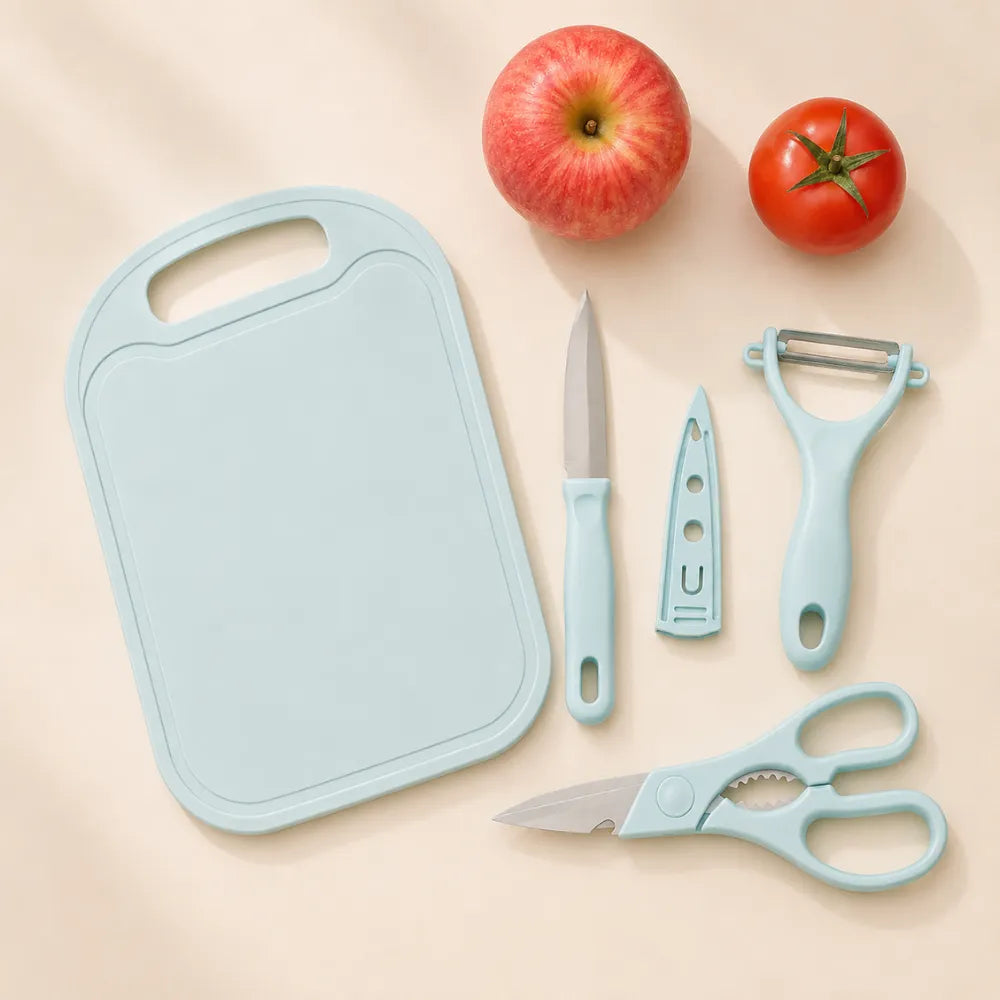 4-Piece Mini Travel Kitchen Set | Cutting Board, Fruit Knife, Peeler & Scissors | Portable Camping Kitchen Tool Kit