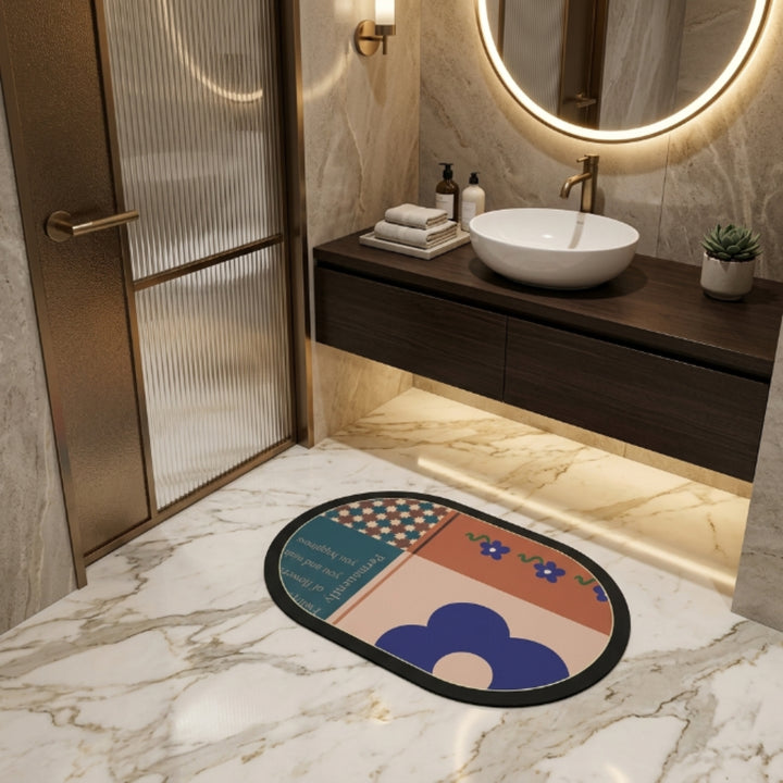 Boho Abstract Oval Anti-Slip Bath Mat | Soft Absorbent Quick Dry Bathroom Floor Rug Modern Floral Door Mat