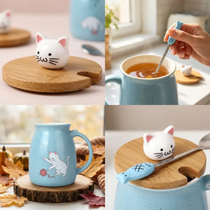 400ml Cute Cat Ceramic Coffee Mug with Wooden Lid & Stainless Steel Spoon | Kawaii Kitty Tea Cup for Home & Office