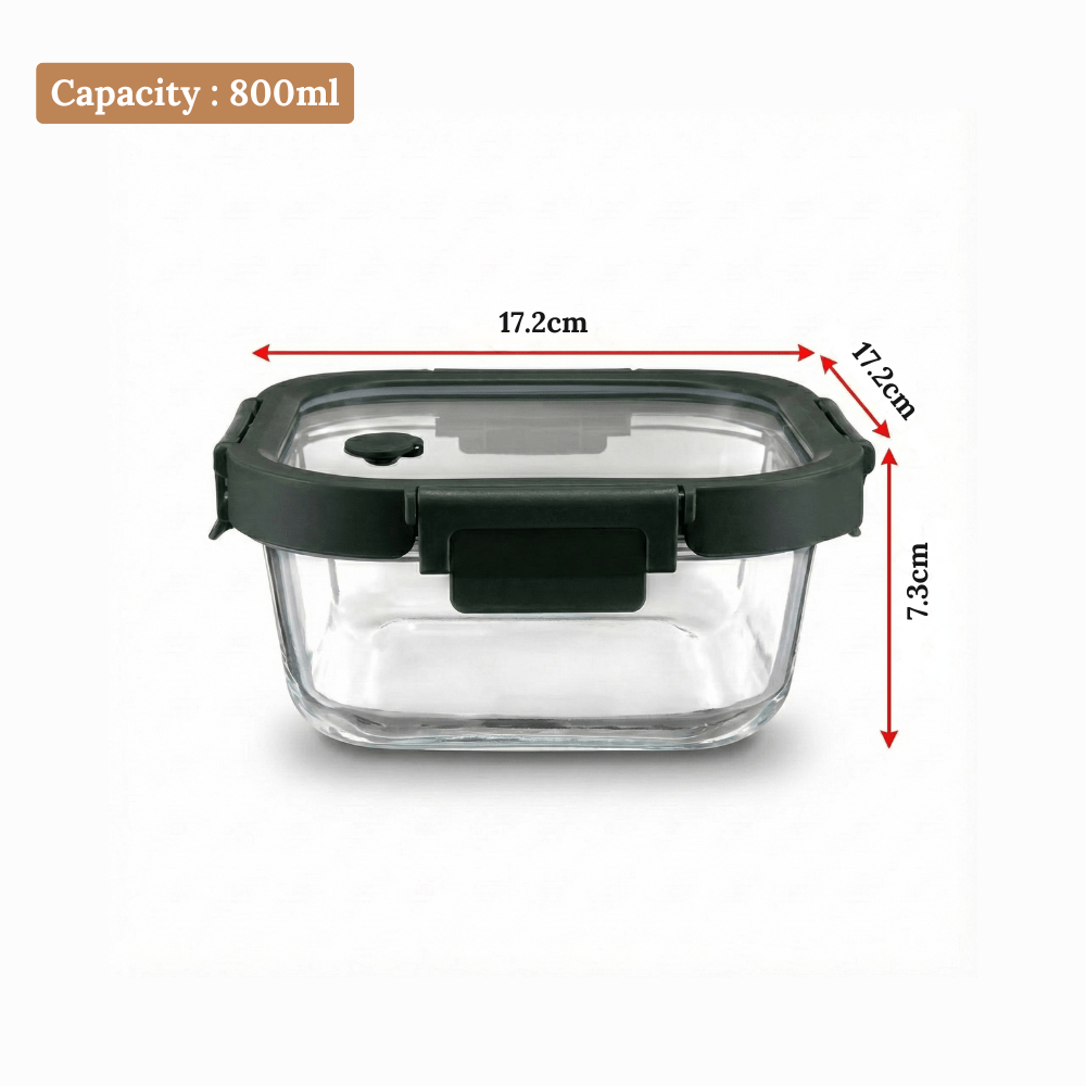 800ml Premium Square Borosilicate Glass Container | Vented Glass Lid Fresh-Air Circulation