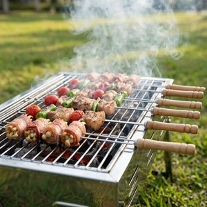 12PCS Stainless Steel BBQ Skewers Set | Reusable Barbecue Grilling Sticks with Wooden Handles | Round/Square Metal Kebab Skewers