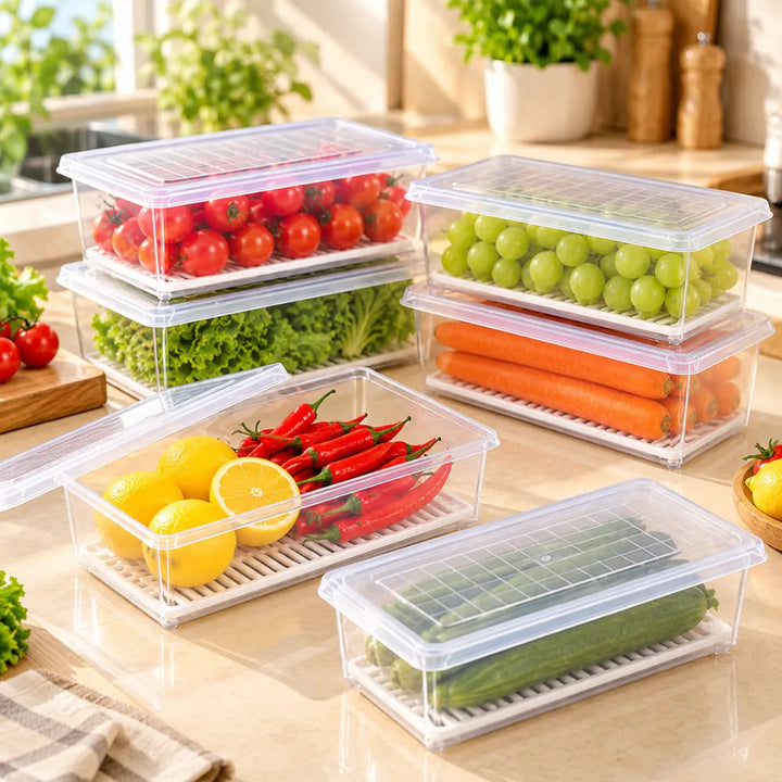 Fridge Storage Containers Set | Stackable Freezer Organizer Boxes with Drain Tray & Airtight Lids, Heavy-Duty Food Storage for Meat, Fruits & Vegetables