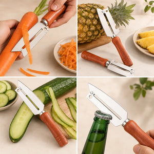 4-in-1 Stainless Steel Vegetable Peeler with Wooden Handle | Fruit & Vegetable Peeler, Julienne Cutter, Fish Scaler & Bottle Opener