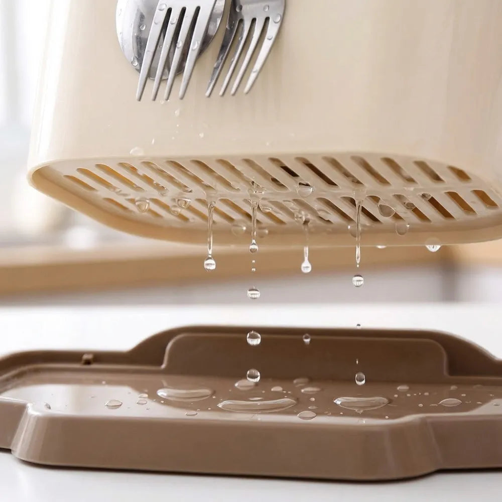 Multi-Functional Plastic Cutlery Holder with Drain Tray | Spoon, Knife, Chopsticks & Utensil Organizer Stand for Kitchen Counter