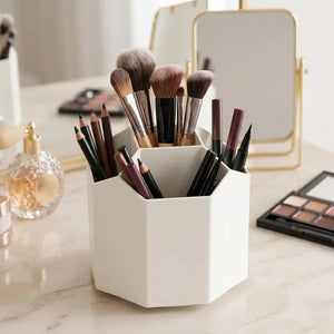 360° Rotating Desk Organizer | 5-Compartment Pen & Pencil Holder | Plastic Stationery Storage for Office, Study & Home