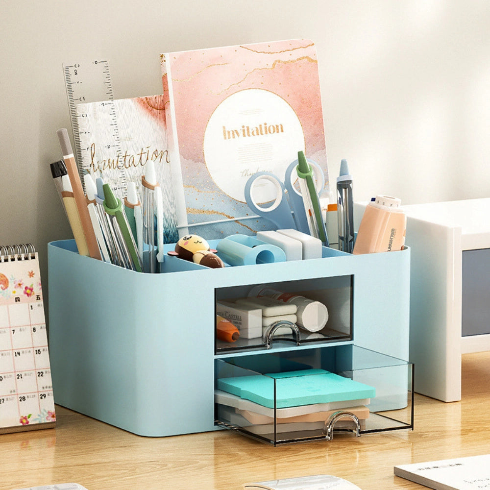 Multi-Functional Desk Organiser with 2 Drawers | Large Capacity Desktop Pen, Pencil & Stationery Storage Holder