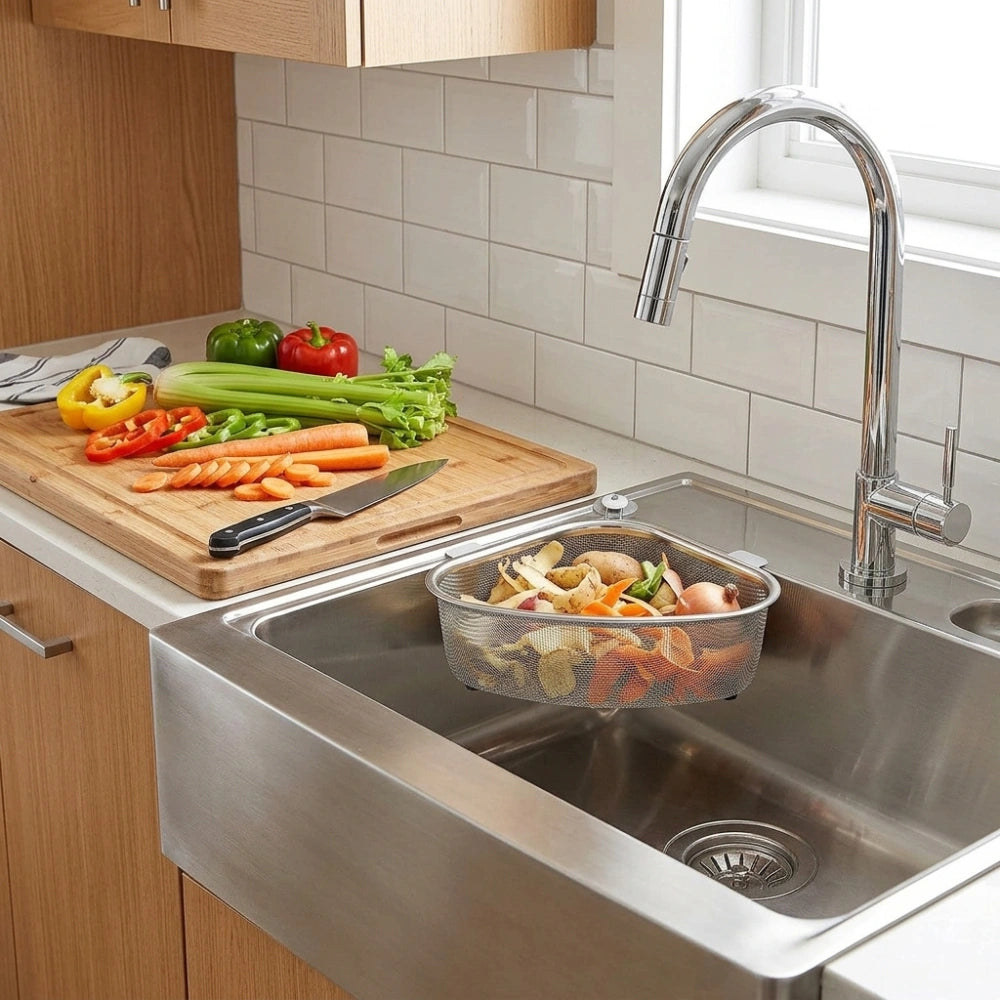 Stainless Steel Sink Corner Strainer Basket | Triangle Kitchen Sink Drain Shelf Organizer | Rustproof Corner Rack for Sponge & Scrubber Storage