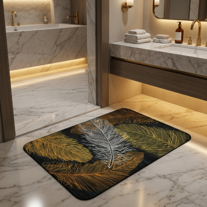 Luxury Feather Print Anti-Slip Bathroom Door Mat | Soft Absorbent Floor Rug