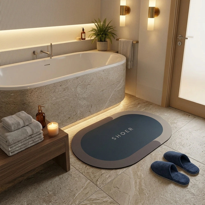 Modern Oval Anti-Slip Bathroom Floor Mat | Soft Absorbent Waterproof Door Rug for Bathroom, Bedroom & Entryway | Minimal Blue Home Decor Mat