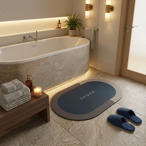 Modern Oval Anti-Slip Bathroom Floor Mat | Soft Absorbent Waterproof Door Rug for Bathroom, Bedroom & Entryway | Minimal Blue Home Decor Mat