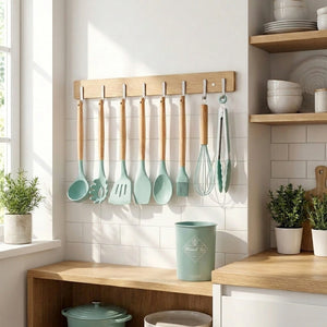 12-Piece Silicone Kitchen Utensil Set with Wooden Handles & Holder | Heat Resistant Non-Stick Cooking and Baking Tools