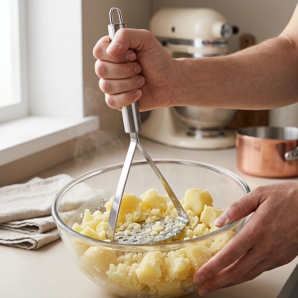 Stainless Steel Potato Masher | Heavy Duty Triangle Vegetable & Fruit Masher with Ergonomic Handle | Manual Kitchen Tool for Potatoes, Avocado, Sweet Potato & Baby Food