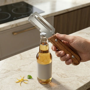 3 in 1 Stainless Steel Vegetable Peeler with Wooden Handle | Julienne Cutter, Bottle Opener & Scallion Shredder | Multi-Purpose Fruit & Veggie Peeler
