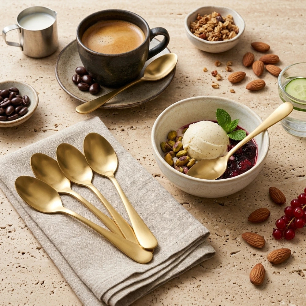 6-Piece Gold Stainless Steel Dessert Spoon Set – Mini Coffee, Tea & Ice Cream Spoons | Mirror Finish, Reusable & Dishwasher Safe (6 pcs)
