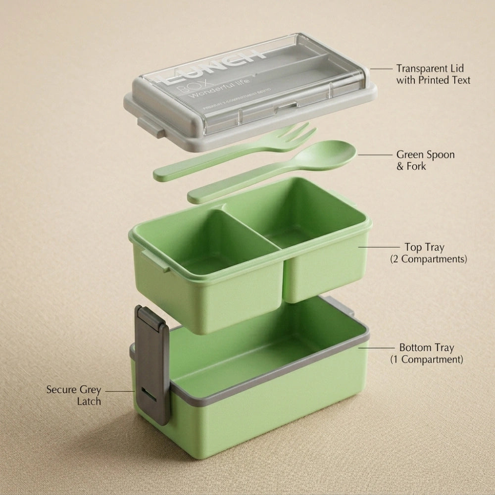 Double Layer Lunch Box with 3 Compartments, Spoon & Fork | BPA-Free Leakproof Bento Box