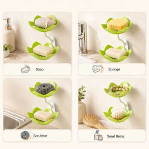 Wall Mounted Double Layer Lotus Flower Soap Holder | Self-Adhesive Drain Soap Box & Sponge Organizer for Bathroom & Kitchen