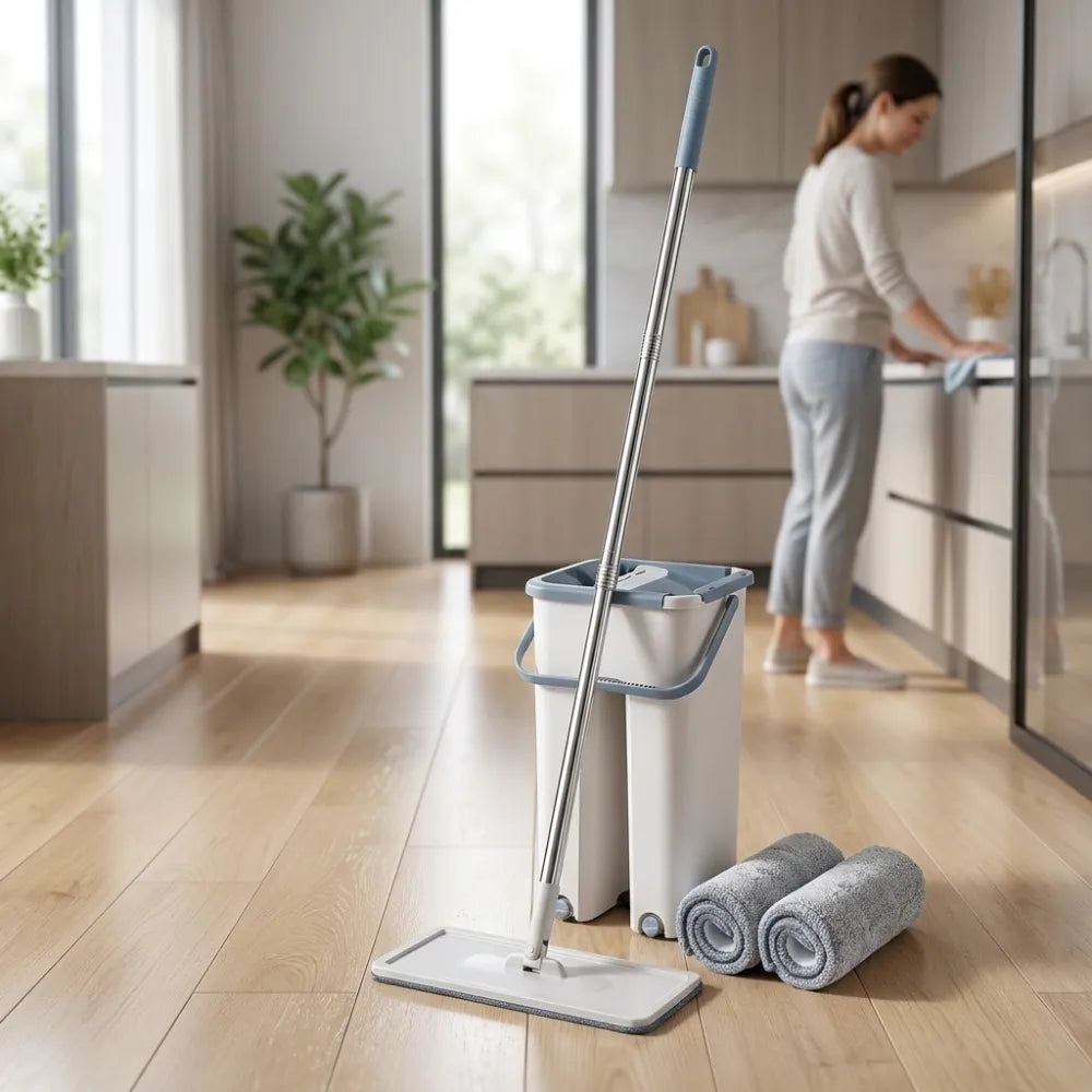 Flat Mop & Bucket Set with Self-Wringing System | 360° Flexible Microfiber Floor Mop | 2 Reusable Pads for Home, Kitchen & Office Cleaning