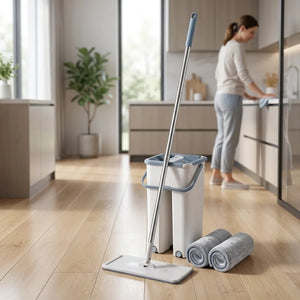 Flat Mop & Bucket Set with Self-Wringing System | 360° Flexible Microfiber Floor Mop | 2 Reusable Pads for Home, Kitchen & Office Cleaning