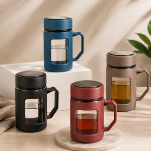 500ml Double Wall Borosilicate Glass Tea Mug with Lid & Handle | Heat-Resistant Coffee Cup | Portable Travel Tumbler for Home & Office