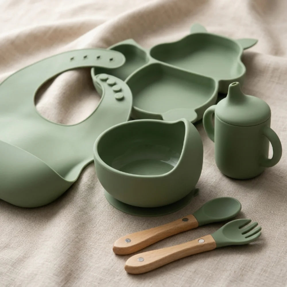 Cat Shaped Silicone Baby Feeding Set | 6 Piece BPA-Free Baby-Led Weaning Kit with Bib, Suction Bowl, Plate, Cup, Spoon & Fork