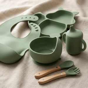 Cat Shaped Silicone Baby Feeding Set | 6 Piece BPA-Free Baby-Led Weaning Kit with Bib, Suction Bowl, Plate, Cup, Spoon & Fork