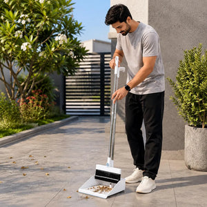 Long Handle Broom & Dustpan Combo Set | Upright Standing Sweep Set with Self-Cleaning Scraper | Home, Office & Floor Cleaning