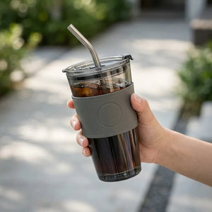 Glass Coffee Sipper Mug with Leather Grip | Reusable Clear Tumbler with Lid & Straw | Iced Coffee, Tea, Smoothie & Juice Cup