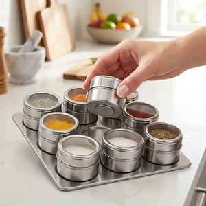 9PCS Stainless Steel Magnetic Spice Jar Set with Rack | Masala Storage Containers for Salt, Pepper & Seasonings