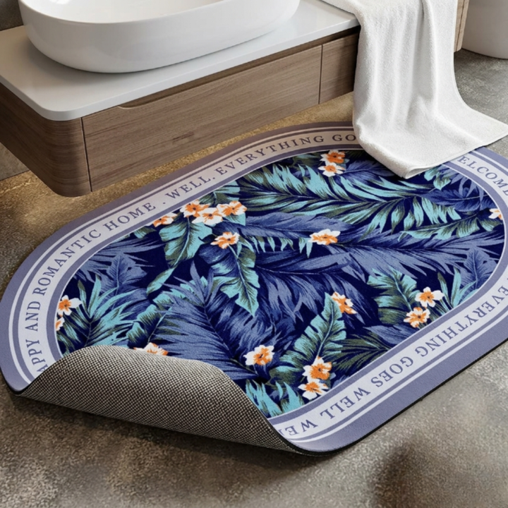 Floral Oval Bathroom Floor Mat Set | Soft Non-Slip Absorbent Bath Rug Modern Decorative Washable Door & Bathroom Mat