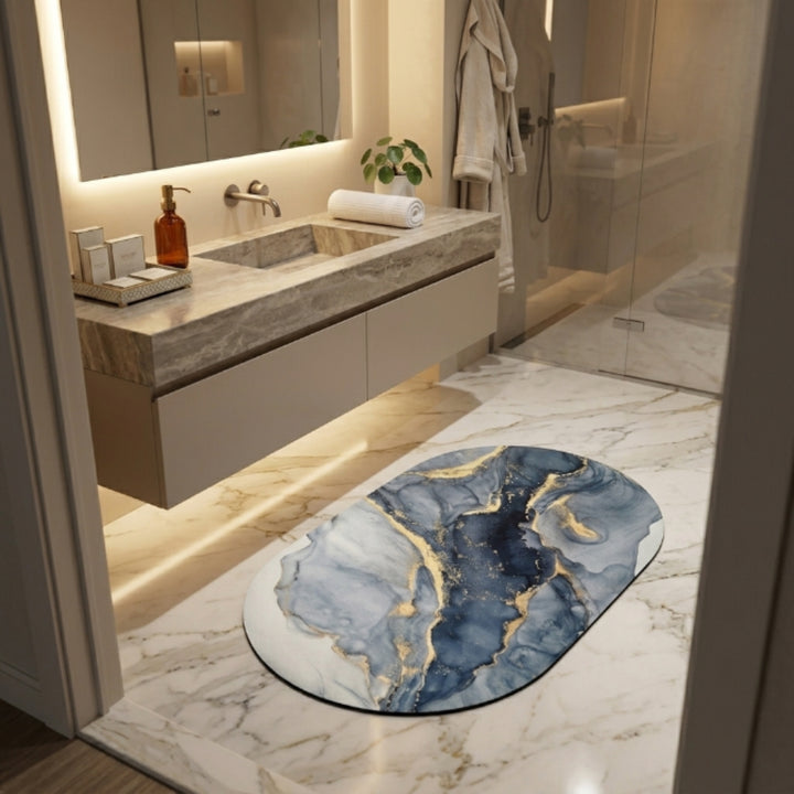 Luxury Marble Oval Anti-Slip Bath Mat | Soft Absorbent Quick Dry Bathroom Floor Rug Modern Watercolor Stone Pattern Carpet