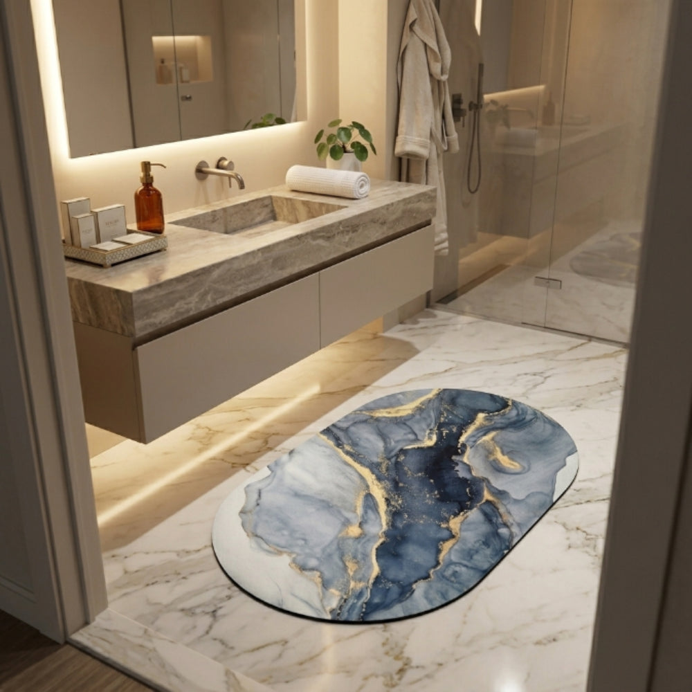 Luxury Marble Oval Anti-Slip Bath Mat | Soft Absorbent Quick Dry Bathroom Floor Rug Modern Watercolor Stone Pattern Carpet