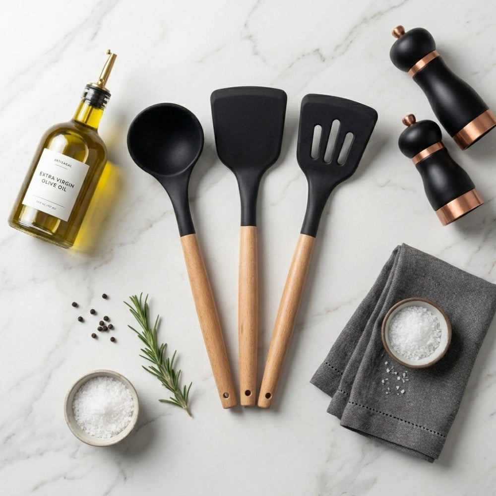 3-Piece Silicone Kitchen Utensil Set with Wooden Handles | Non-Stick Cooking Spatula, Turner & Soup Ladle, Heat Resistant Kitchen Tools