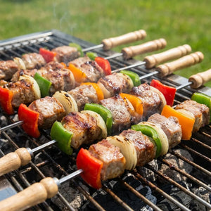 12PCS Stainless Steel BBQ Skewers Set | Reusable Barbecue Grilling Sticks with Wooden Handles | Round/Square Metal Kebab Skewers