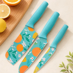 3PCS Printed Kitchen Knife Set | Stainless Steel Multipurpose Knives with Grip Handles | Floral Blade Design for Cutting & Slicing