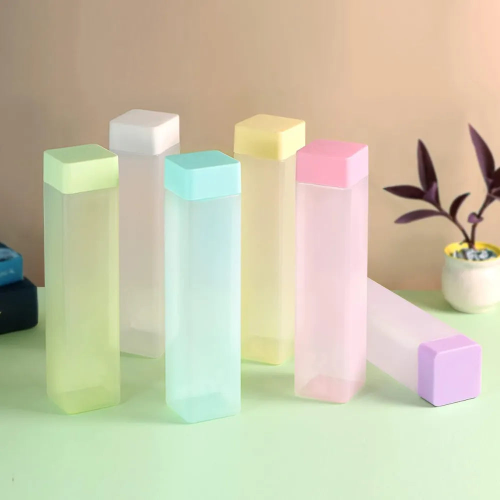 6PCS Square Plastic Water Bottle Set | Slim Flat Frosted Reusable Water Bottles | Multicolour Drink Bottles for Office, Gym & Travel
