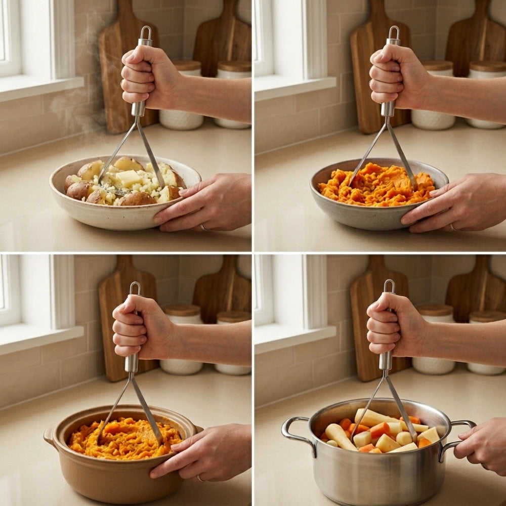 Stainless Steel Potato Masher | Heavy Duty Triangle Vegetable & Fruit Masher with Ergonomic Handle | Manual Kitchen Tool for Potatoes, Avocado, Sweet Potato & Baby Food