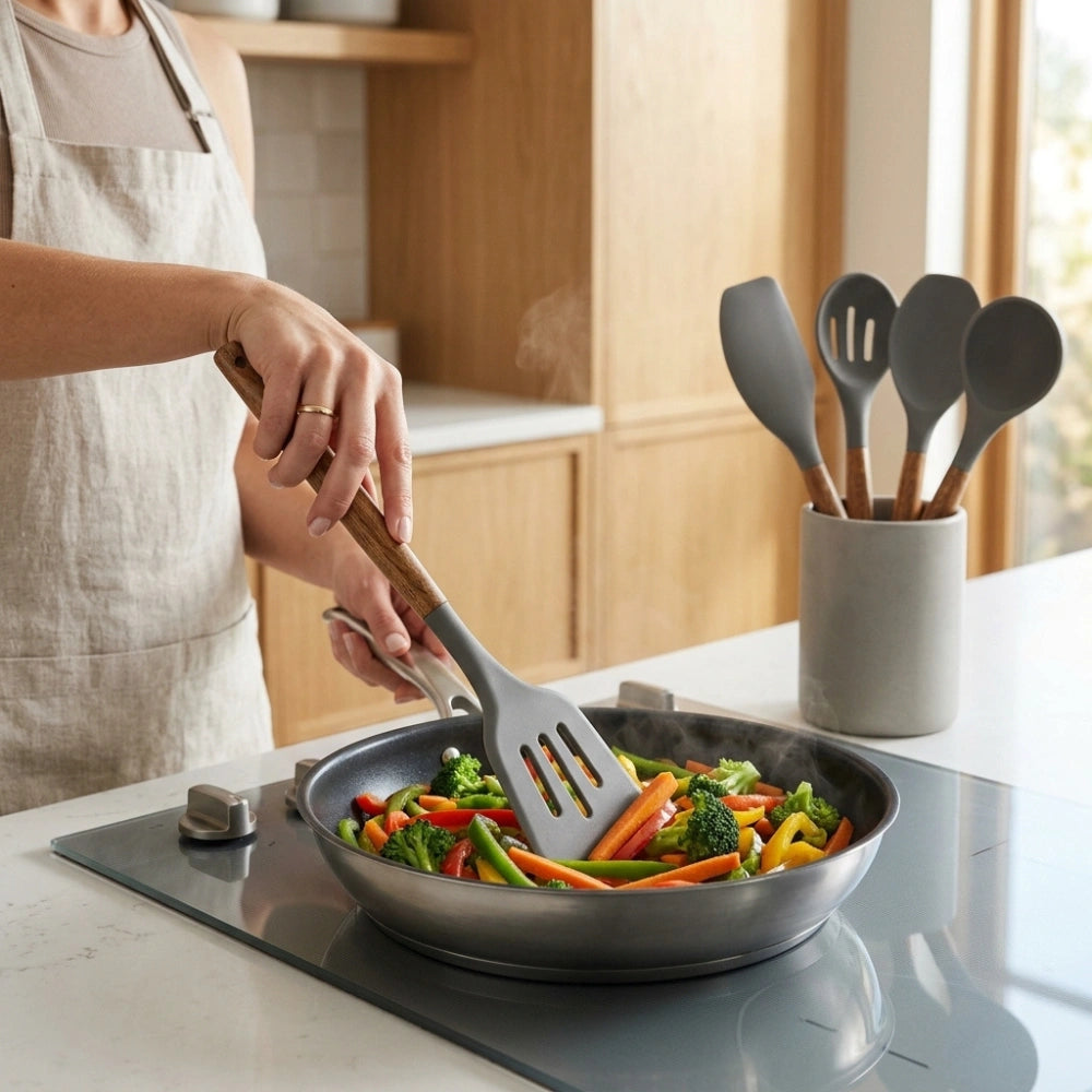 5-Piece Silicone Kitchen Utensil Set with Wooden Handles | Non-Stick Cooking Spatulas, Turner, Serving Spoon & Soup Ladle, Heat Resistant Kitchen Tools