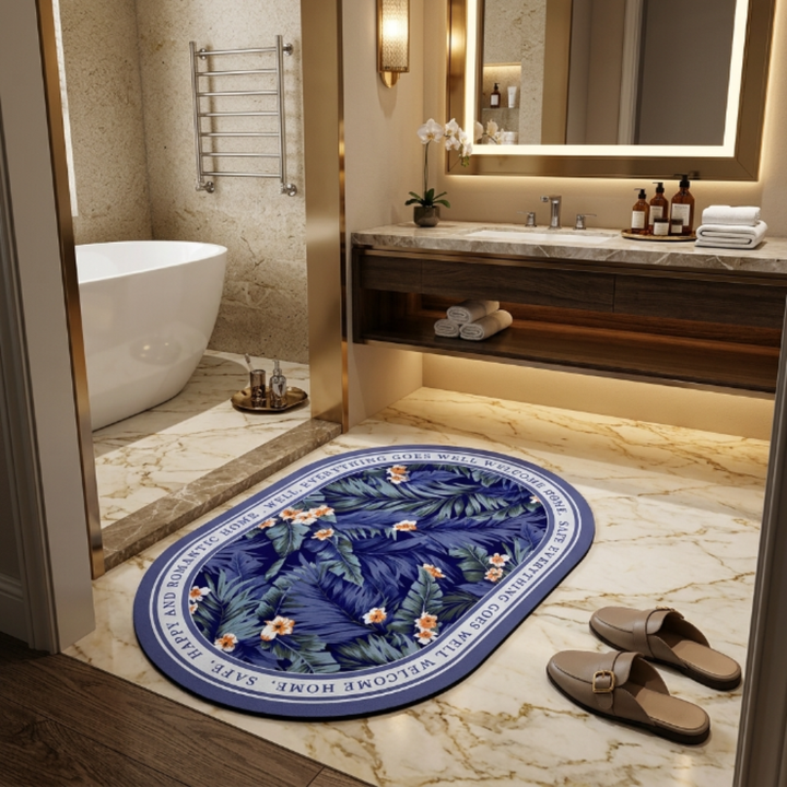 Floral Oval Bathroom Floor Mat Set | Soft Non-Slip Absorbent Bath Rug Modern Decorative Washable Door & Bathroom Mat
