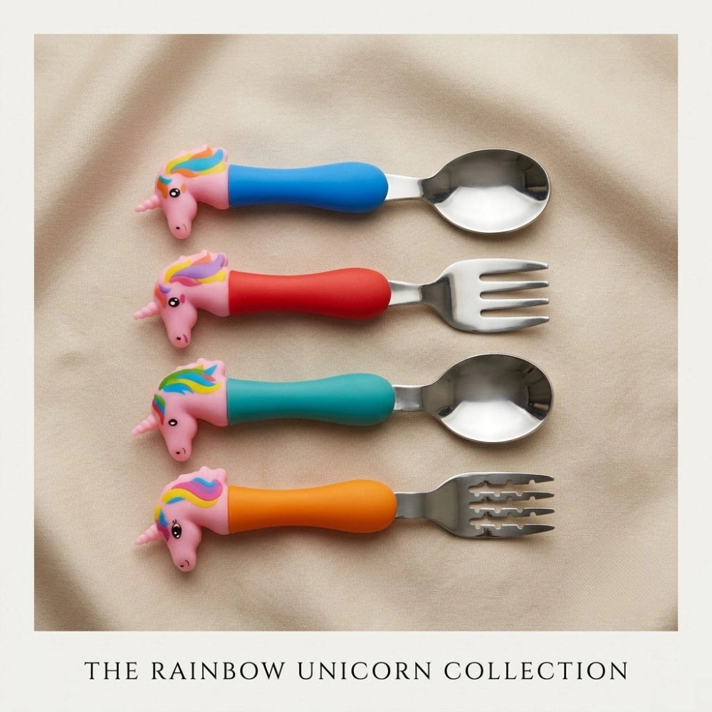 Unicorn Baby Feeding Spoon & Fork Set | Silicone Handle Stainless Steel Cutlery for Babies, Toddlers & Kids | BPA-Free Self Feeding Tableware