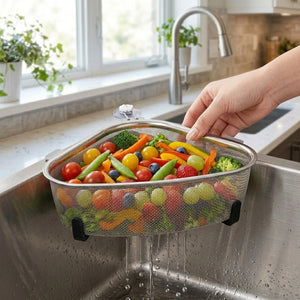 Stainless Steel Sink Corner Strainer Basket | Triangle Kitchen Sink Drain Shelf Organizer | Rustproof Corner Rack for Sponge & Scrubber Storage