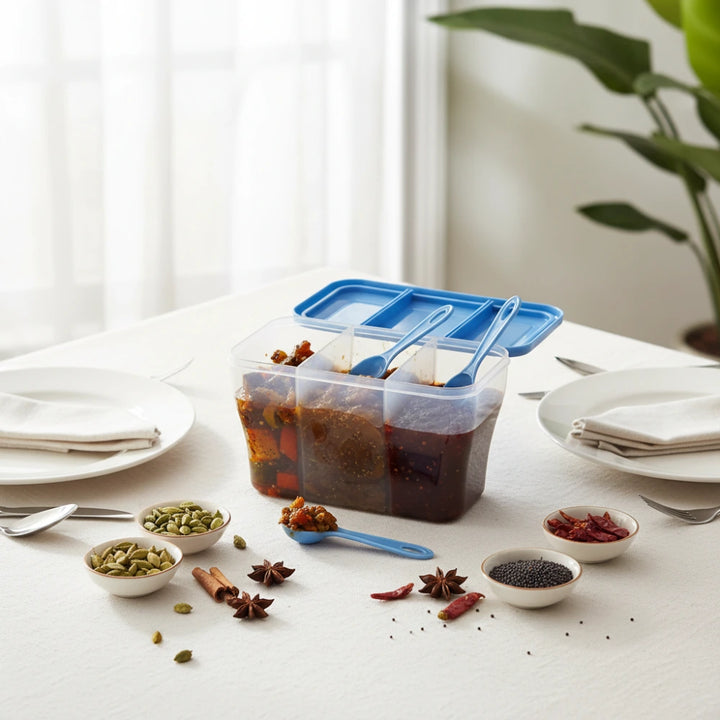 3-in-1 Multipurpose Masala Box with Airtight Containers & 3 Spoons | Transparent Kitchen Storage for Spices, Dry Fruits & Grocery